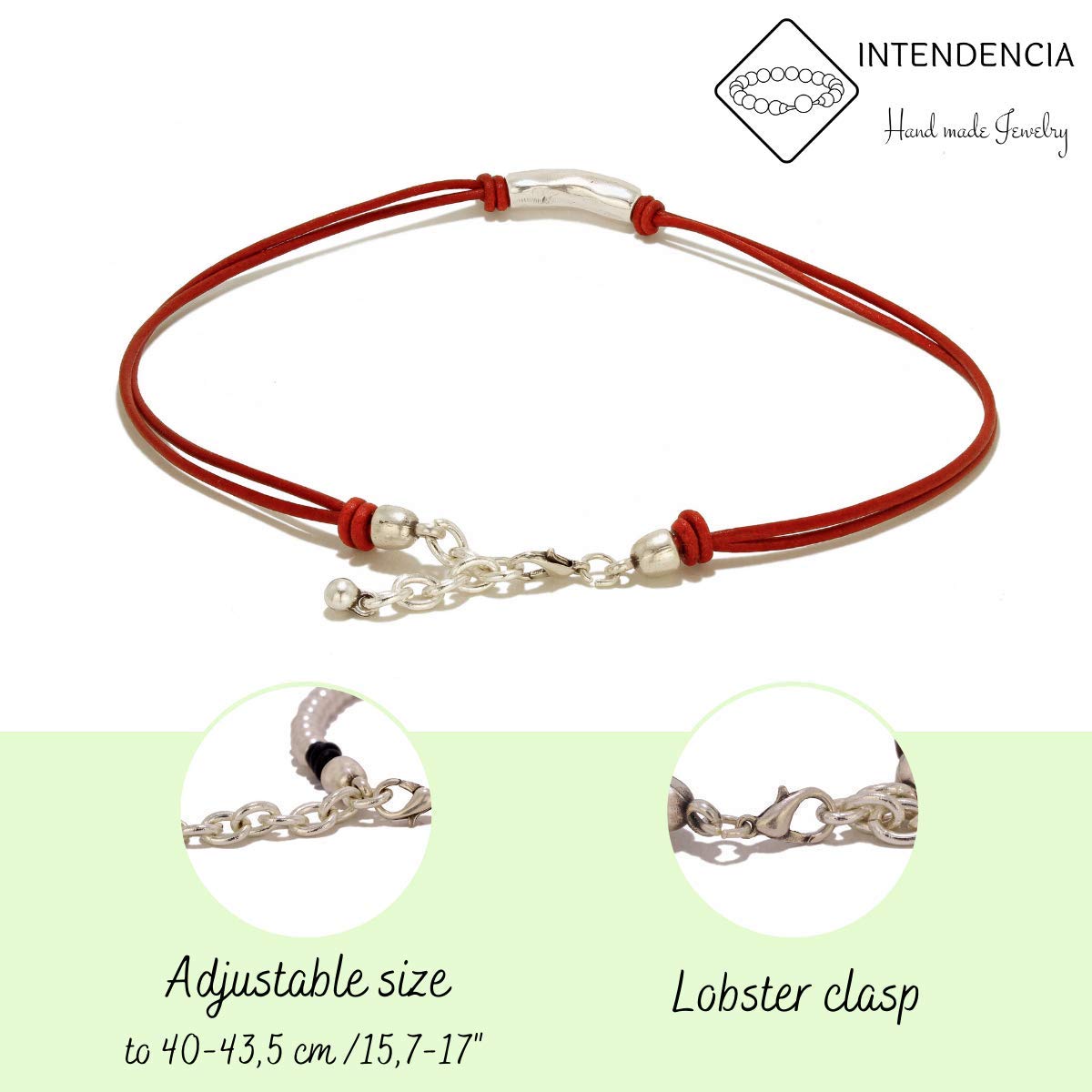 Collar hecho a mano de cuero y detalle de tubo en zamak por Intendenciajewels - Collar de cuero rojo- Collar boho - Joyeria de zamak – Collar ajustable de 40 – 43,5 cm.