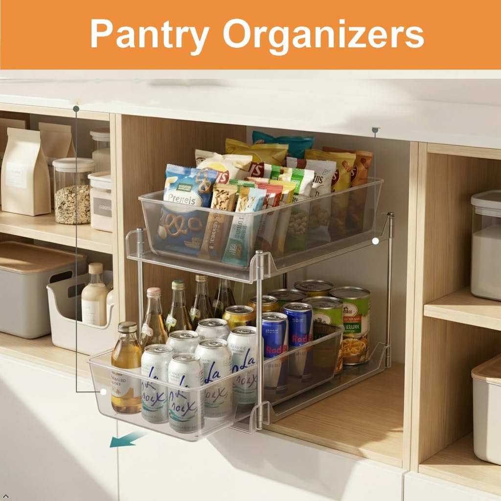 2 Pack Bathroom Organizer,2 Tier Clear Under Sink Organizers Vanity Countertop Storage Container,Cabinet Drawers Bins, Pull-Out Organization with Track for Pantry, Kitchen