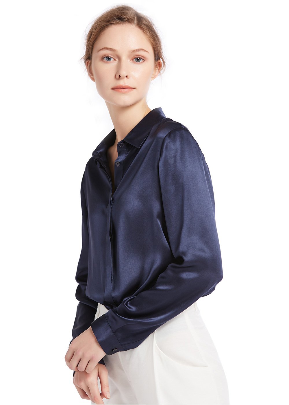 LilySilk Damen Hemdbluse Seide Elegant Sommerliche Damenbluse Shirt mit Verdeckter Knopfleiste von 22 Momme Oberteile Business Verpackung MEHRWEG XXL Navy Blau