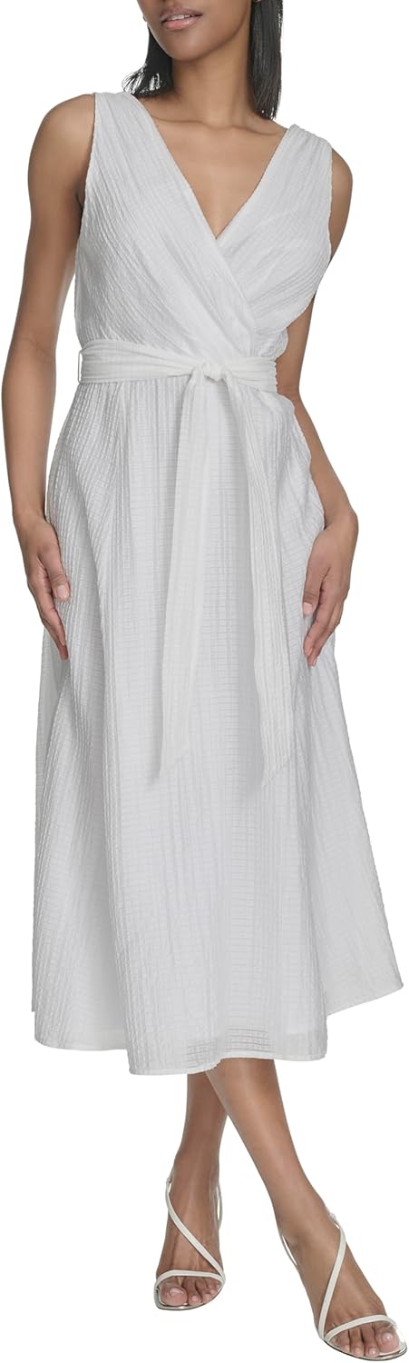 Halston Womens Sleeveless Surplice V-Neck Tie Waist Midi Dress