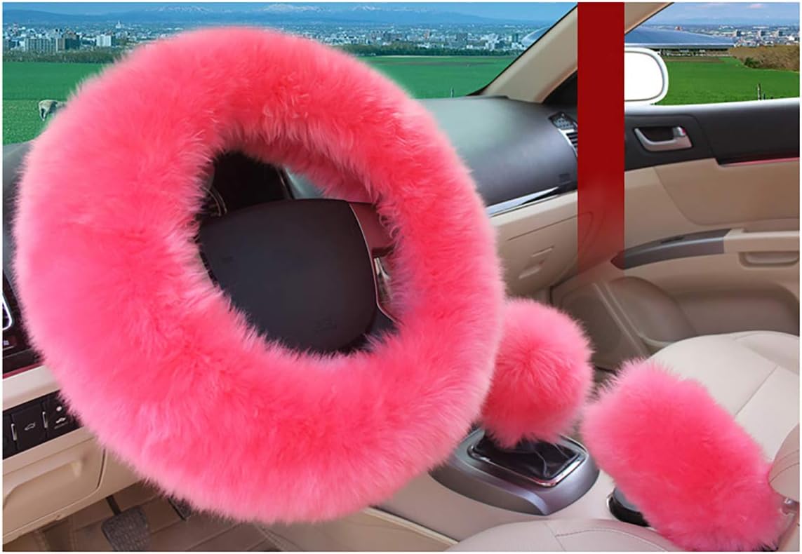 1 Set 3 Pcs Winter Warm Wool Plush Car Steering Wheel Cover Handbrake Cover Gear Shift Cover Set Soft Furry Long Hair(Gold)