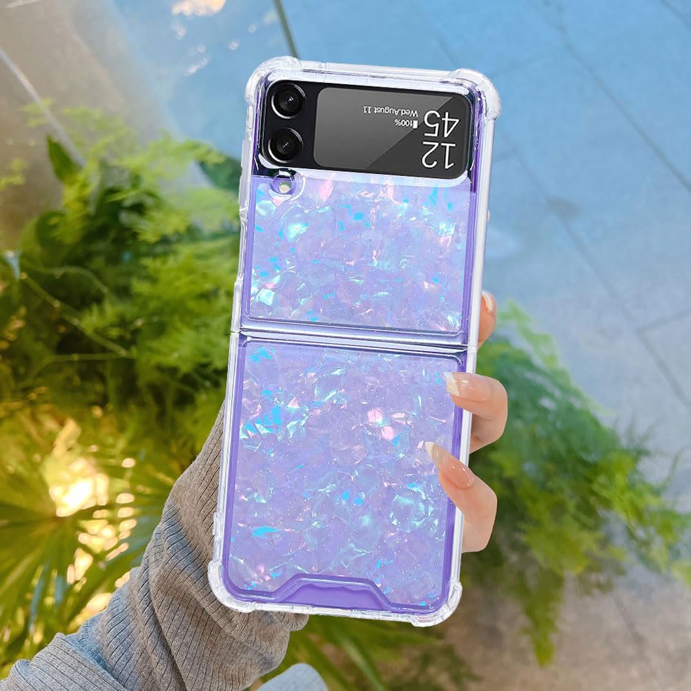 Abbery for Samsung Galaxy Z Flip 3 5G Case Clear Glitter Design Cute Bling Aurora Conch Shell Sparkle Shockproof Aesthetic Shockproof Phone Cover for Women Girls (Holo Shell)