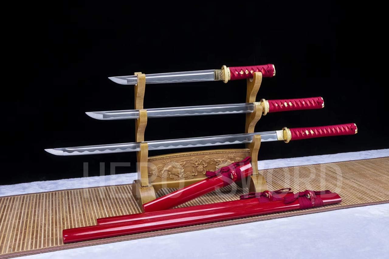 HIGH Carbon Steel Ninjato RED Japanese Samurai Sword Set(Katana + WAKIZASHI + Tanto) Straight Blade
