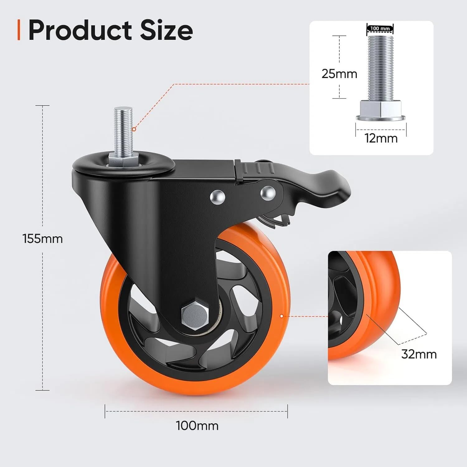 100mm Heavy Duty Castors Set of 4 with Brakes, Brake 450KG Total Load Capacity - Image 2
