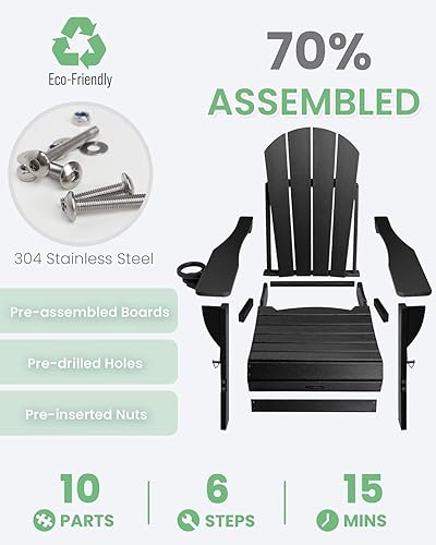 Miniatura 5 de Ciokea Silla Adirondack plegable con textura de madera, paquete de 2 sillas Adirondack para patio, resistente a la intemperie, silla de plástico