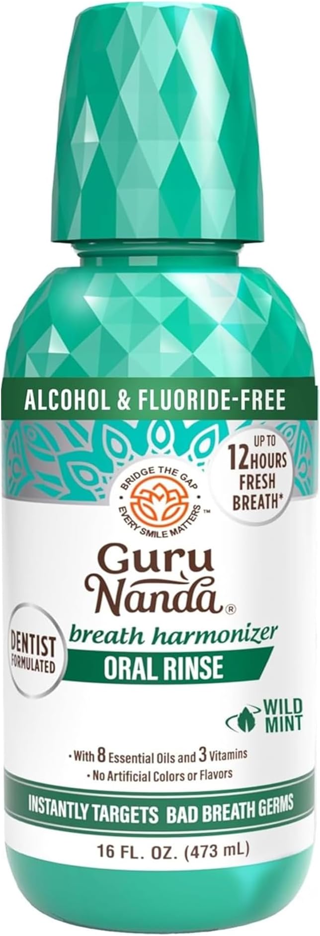 GuruNanda Fresh Breath Mouthwash โ 12-Hour Fresh Breath & Helps Fight Bad Breath โ ADA Accepted, Alcohol & Fluoride-Free Oral Rinse โ Wild Mint, 473 ml