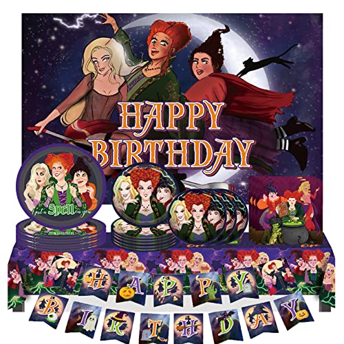 Happystar 43Pcs Halloween Party Supplies Hocupocu 2022 Witch Decoration Tablecloth Napkins Plates Banner Background Kits Favor #TOP8