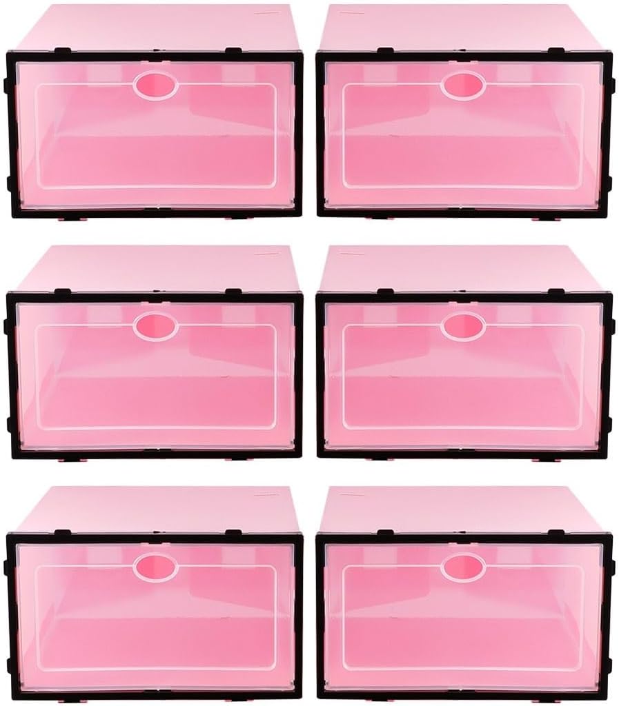 6pcs Thickened Stackable Shoe Boxes Plastic Shoe Containers with Black Frame Pink Lid Sturdy Storage Organizer for Men Closet and Entryway