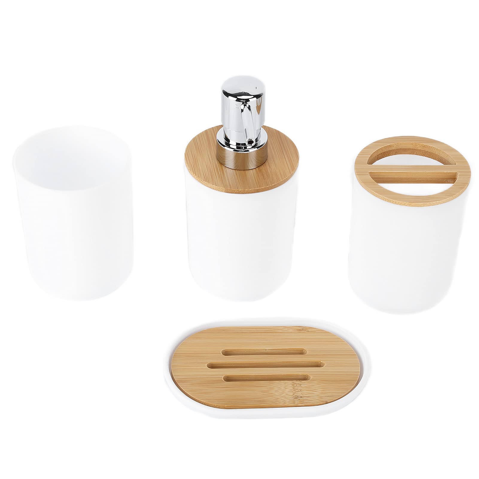 Set Accessori Bagno 4 Pezzi in Plastica Effetto Legno Bianco, Portaspazzolino Portasapone Dispenser Sapone e Tazza, Kit Portaoggetti Compatto per Bagno Casa Moderno