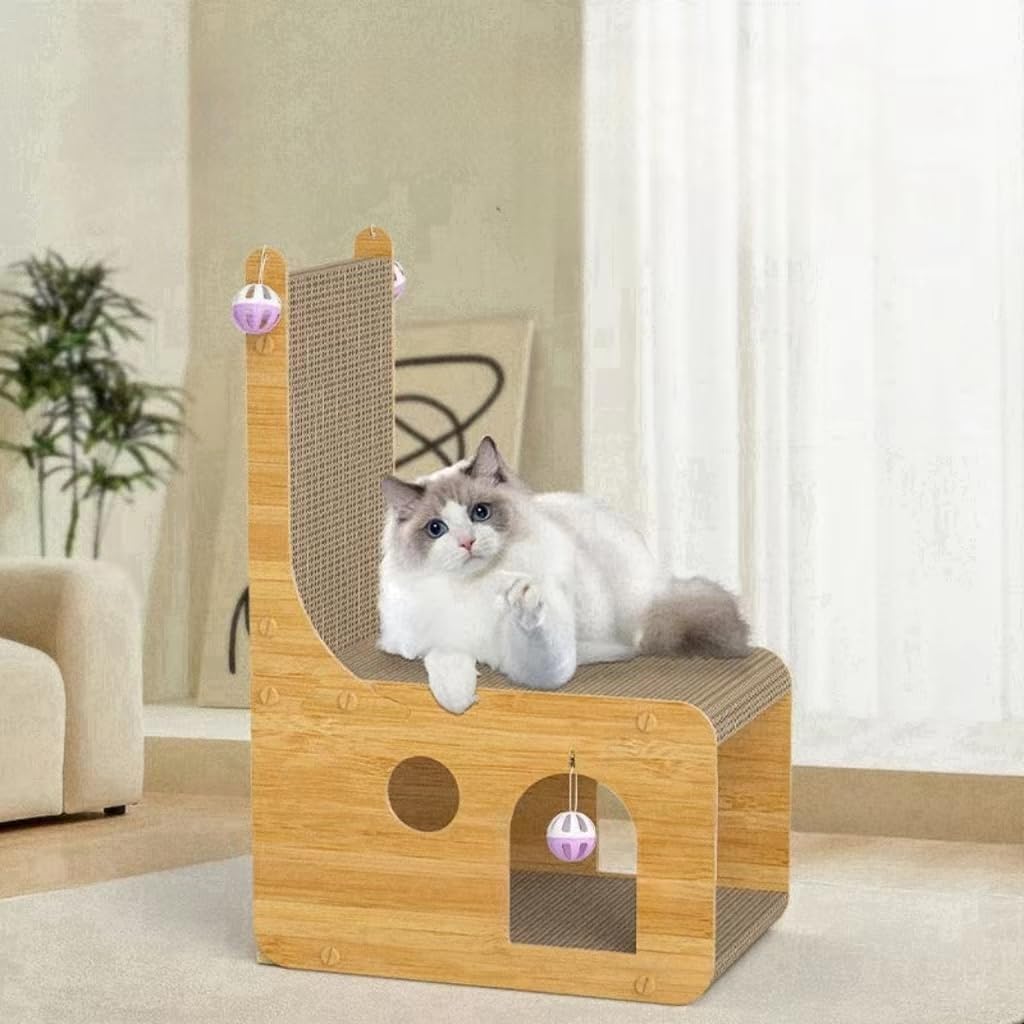 review Cat Scratcher House, Cat Scratcher Board, 3 in1 Function, Cat Scratching Pad for Indoor Cats to Procect Furniture, with 4 Bells to Rest, Grind and Play(Large)