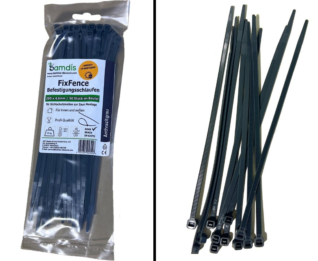 FixFence Befestigungsschlaufen Anthrazit – 50 Stück, 20 Cm, Für Sichtschutzmatten, UV-stabil, Bis 22 Kg Belastbar