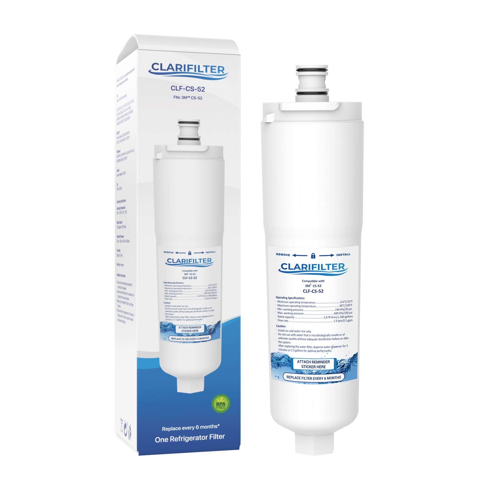 Clarifilter CS-52 Fridge Water Filter Cartridge compatible with Bosch Neff Siemens CS-52, 5553629, 5586605, EVOLFLTR10; 3M Cuno CS-51, CS-452; Abode Aquifier Safelock AT2002; Whirlpool WHKFR-PLUS (1)