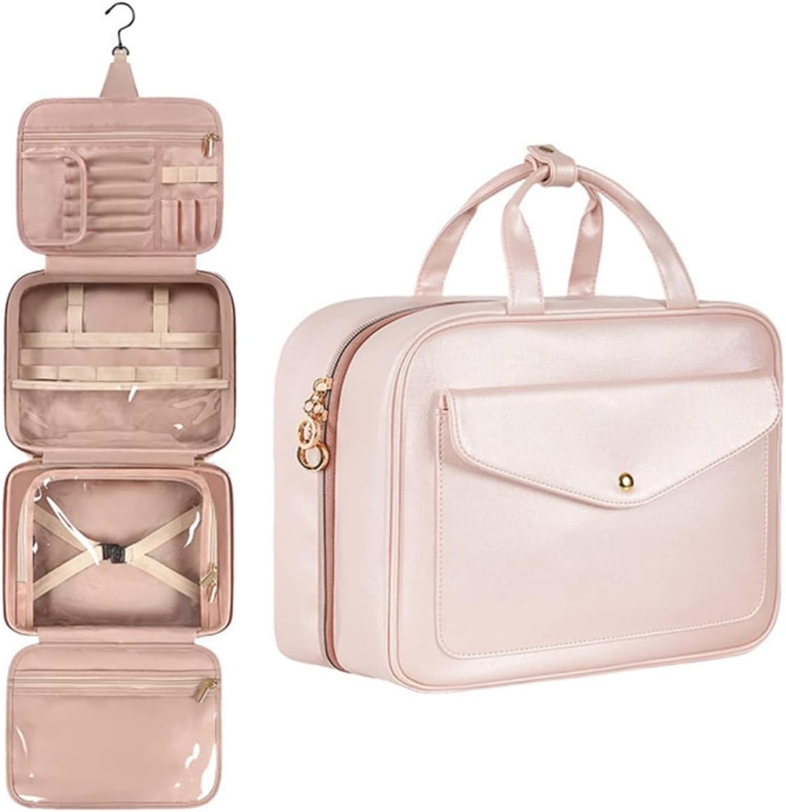 Toiletry Bag, portable large waterproof cosmetic bag, women's travel cosmetic bag, hanging toiletry bag with hook, holds toiletries, cosmetics, brushes, bottles (Pink)