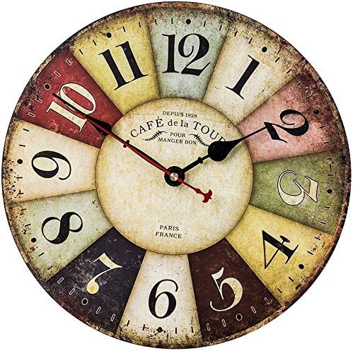 Rustic Wall Clock, Farmhouse Style Vintage Clock with Colorful Arabic Numerals, Silent Non-Ticking Battery Operated Decor Clock for Living Room, Bedroom, Office, Kitchen & Coffee (14 Inch, Paris)