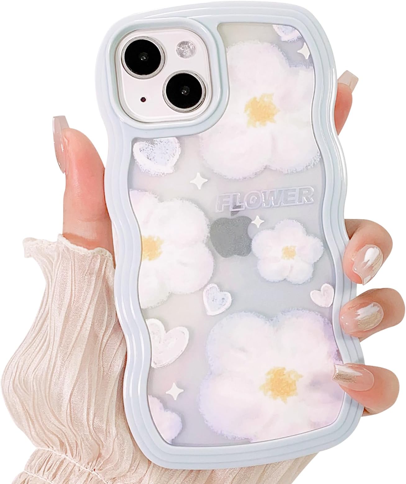 NITITOP Compatible for iPhone 15 Case Cute Flower Floral Clear Blue Wavy Frame for Women Girl Curly Shape Shockproof Soft TPU 2 in 1 Phone Cover - Blue Flower