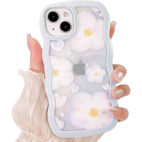 NITITOP Compatible for iPhone 13/ iPhone 14 Case Cute Blue Wave Wavy Frame for Women Girl Curly Flower Shape Shockproof Soft TPU 2 in 1 Phone Cover- Blue Flower