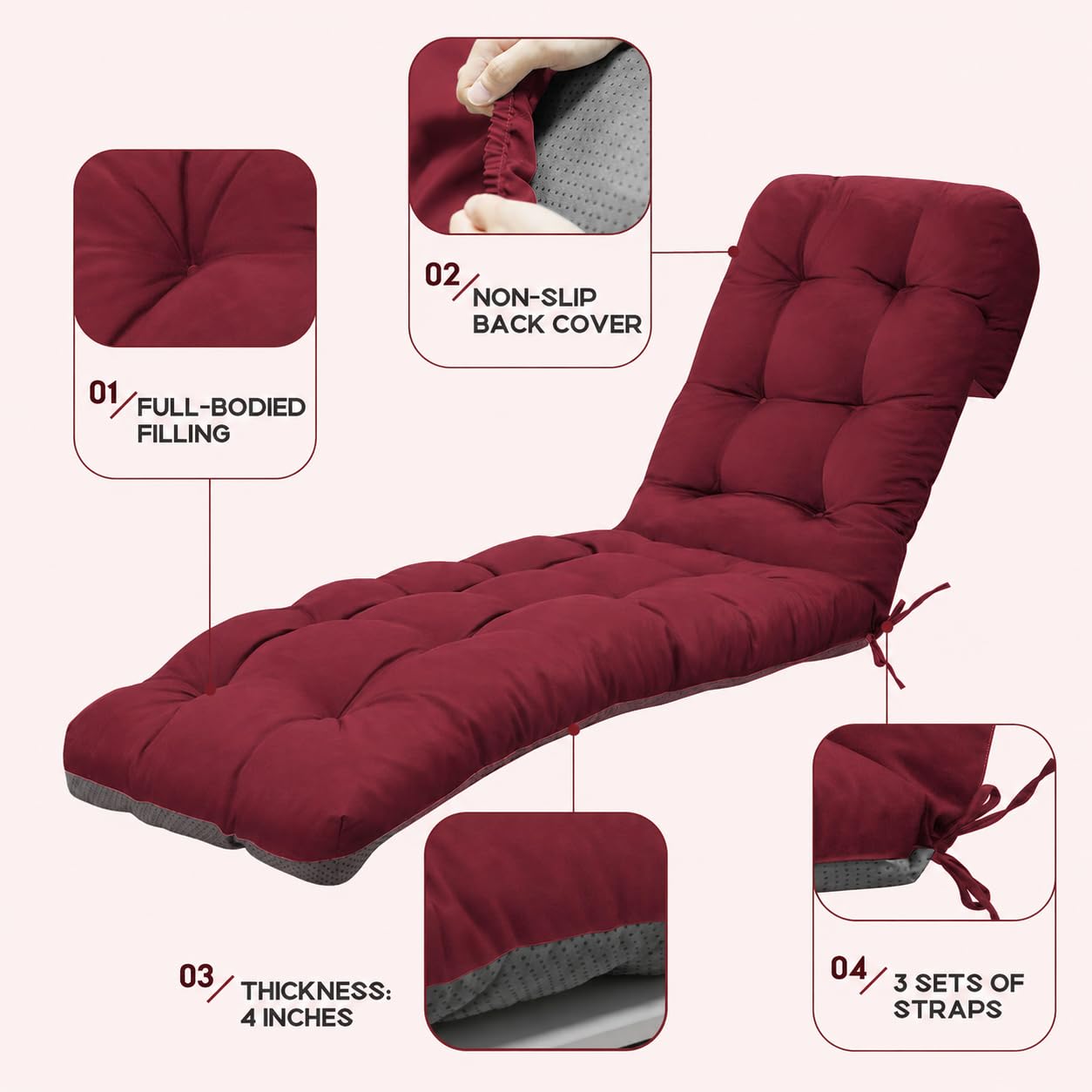 widesmile Cuscino per sedia a sdraio impermeabile, di ricambio per giardino e piscina, con cinghia di fissaggio e cuscini antiscivolo, 180 x 56 cm, rosso