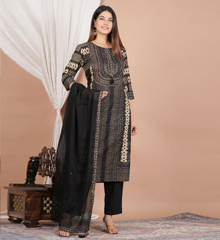 Akiko Women's Ikat Printed Straight Kurta with Pant & Dupatta for Summer
