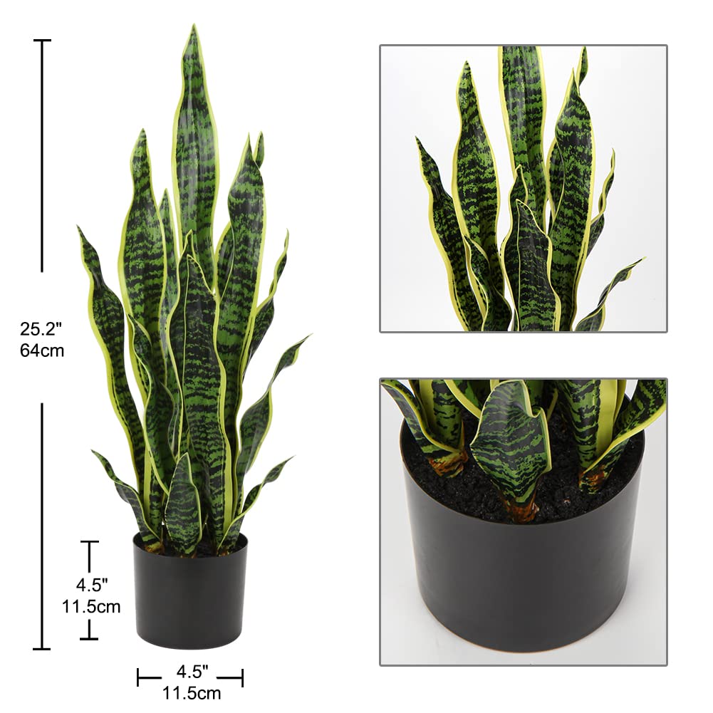 Hollyone 2 plantas artificiales grandes de serpiente, 26 pulgadas, plantas artificiales decorativas Sansevieria para interiores y exteriores, decoración hogar, sala estar, balcón, baño