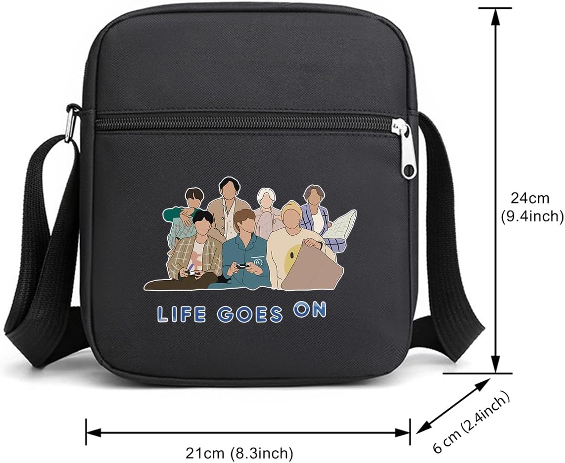 K-pop Merch Crossbody Bags jimin suage jungkook V Jhope jin RM Bag Korean Merchandise Life Goes On Messenger for Women Men Crossbody Purse with Zipped Pockets Handbag Shoulder Bag
