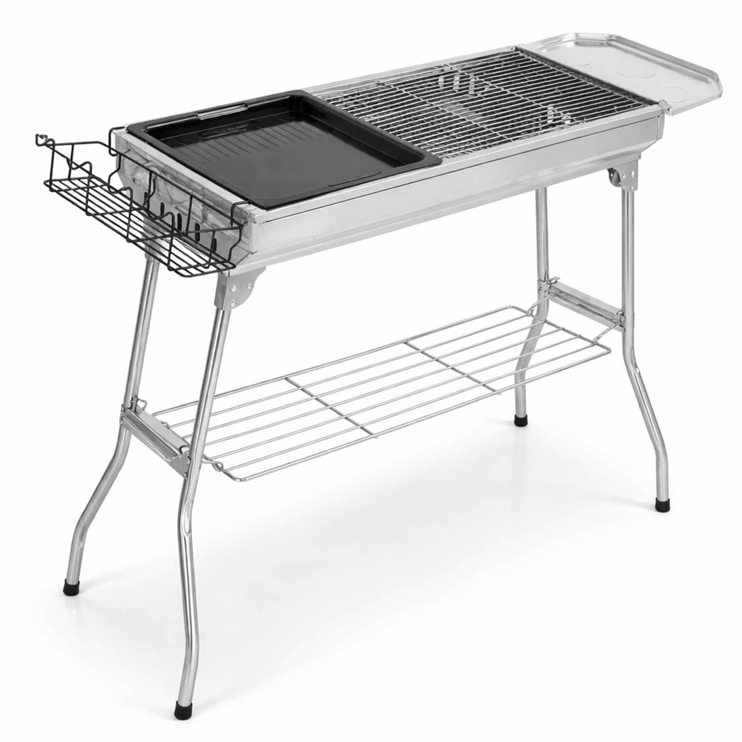 Thrink Portable Charcoal BBQ Grill Foldable Stainless Steel Camping Barbecue with Side Basket and Shelf Outdoor Garden Picnic Travel Grill Large Cooking Area Easy Setup