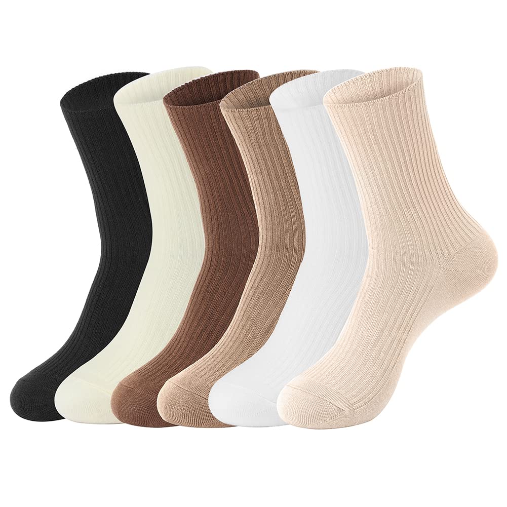 Women Sweat-absorbent Socks Above Ankle High Crew Socks for Women Girls Ladies Clothes 6 Pairs (Cotton Blend, Solid Color)