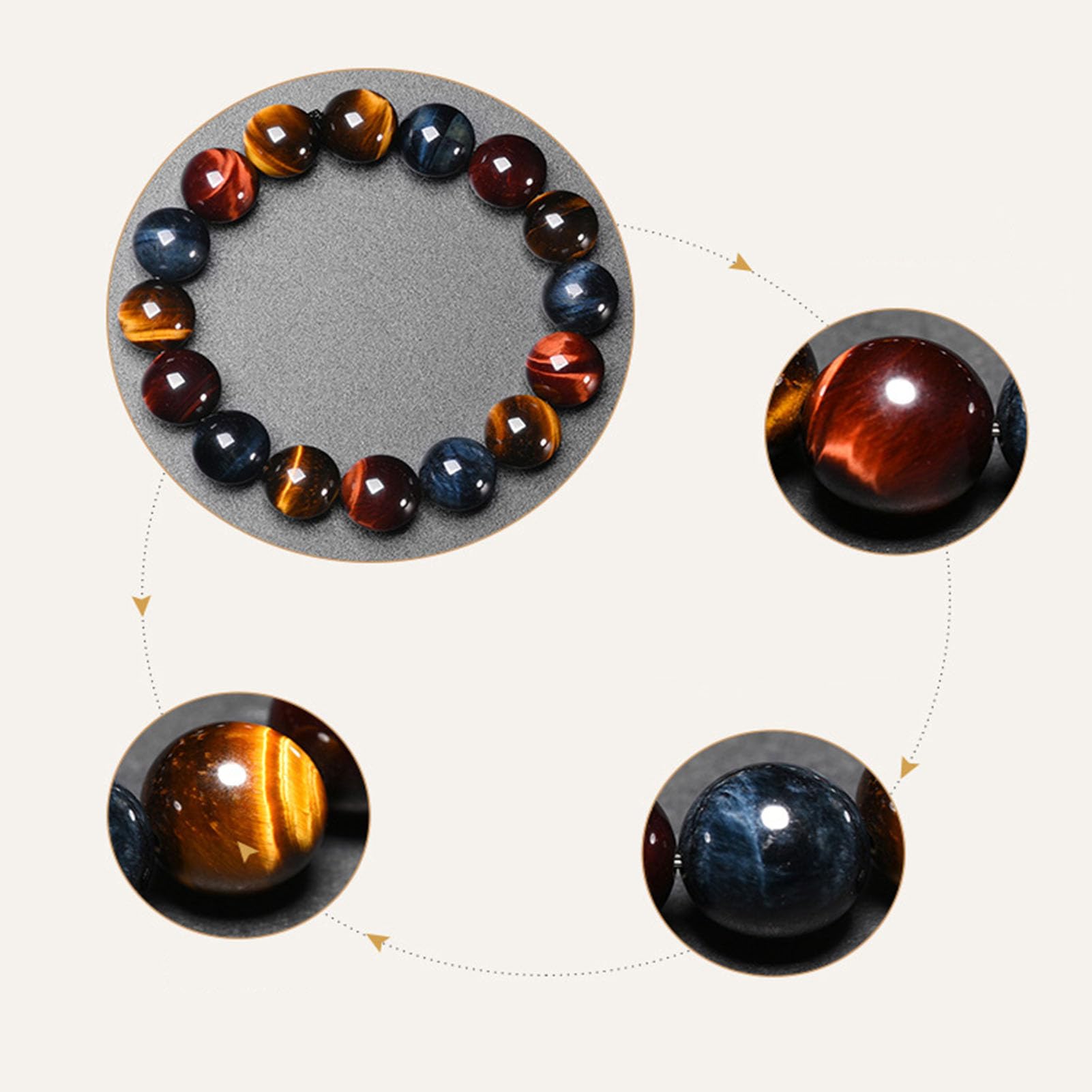Bracciale Trio Occhio di Tigre - Perline di Cristallo Naturali Gialle, Rosse e Blu per Sicurezza, vitalità e Calma, Gioielli Elasticizzati con Pietre preziose per Uomo e Donna,6MM
