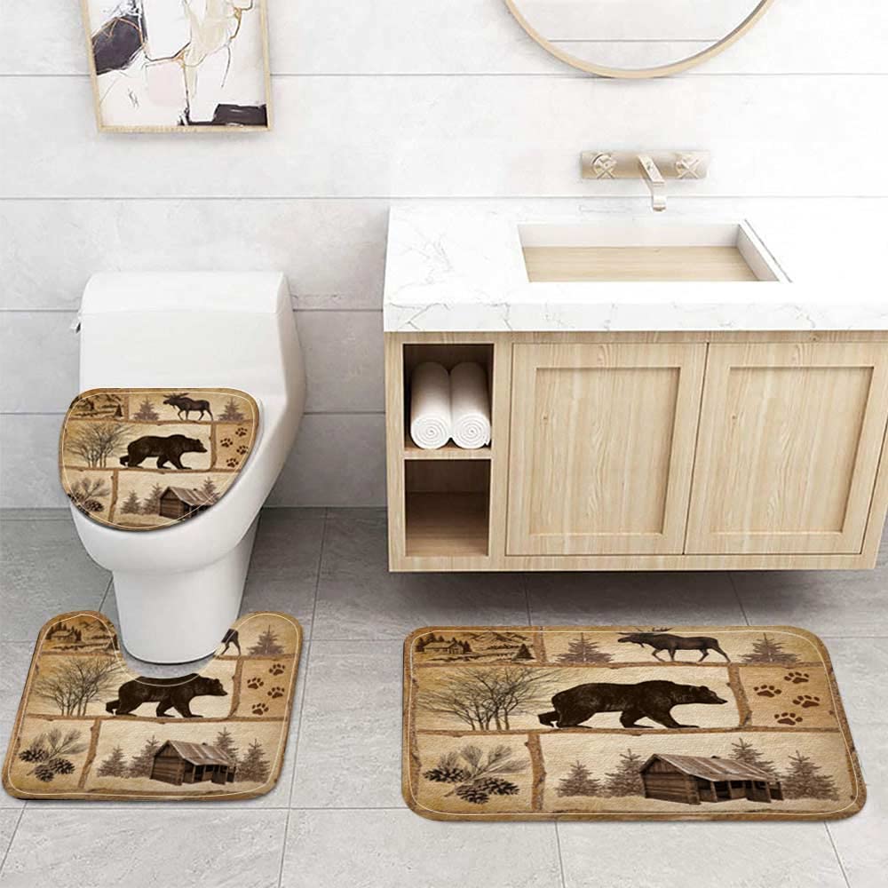 Bzhilja Rustic Cabin Bath Rug Set, Farmhouse Country Antique Bear Moose Forest Vintage Wood Decor Non Slip Bath Mats Set,Hunting Camping Bath Rug Sets