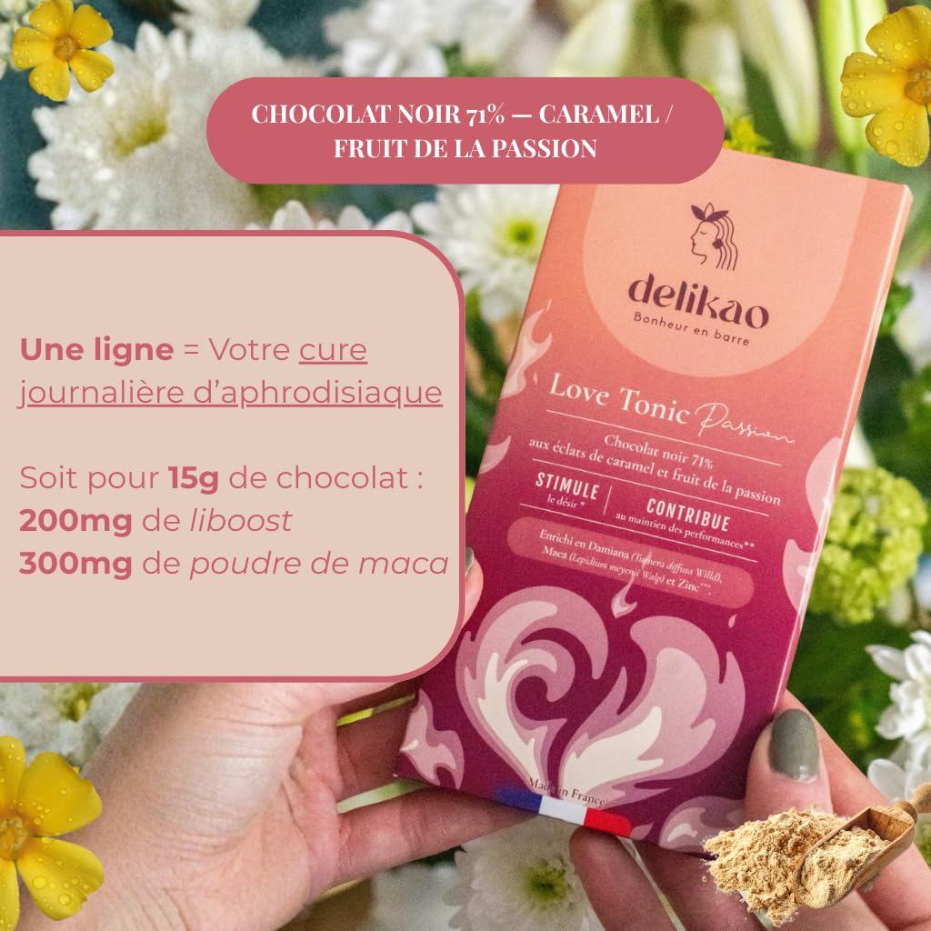 LOVE TONIC PASSION – Tablette de Chocolat Gourmand 90 g – Caramel - Fruit de la Passion - Gibembre – Fabriqué en France - Chocolat à Offrir pour un Moment de Plaisir à Deux (Passion, 1 tablette)