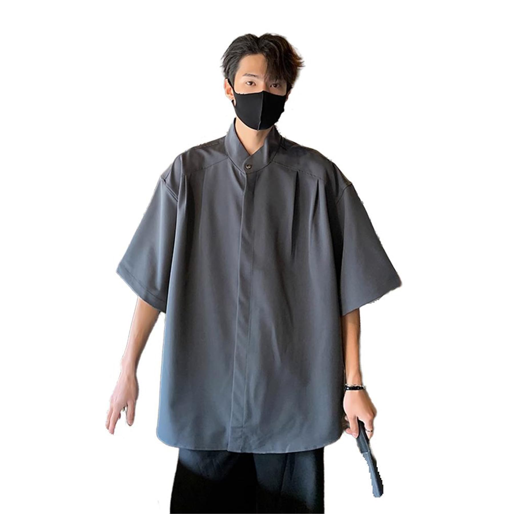 Camisa de Estilo Chino para Hombre con Cuello de pie y Manga Corta de Color Azul Hielo, Estilo Verano.-