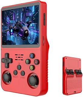 R36S レトロハンドヘルドゲーム機 11以上のシミュレータ、日本語、ポルトガル語、英語、韓国語、中国語など多くの言語をサポート、ArkOS 2.0システムをサポート、オープンソースシステムと3.5インチ IPSスクリーン、ミニビデオコンソール、デュアル3Dジョイスティック、強化されたOTGアダプター、3500mAH大容量バッテリー (深紅色, 64GB)