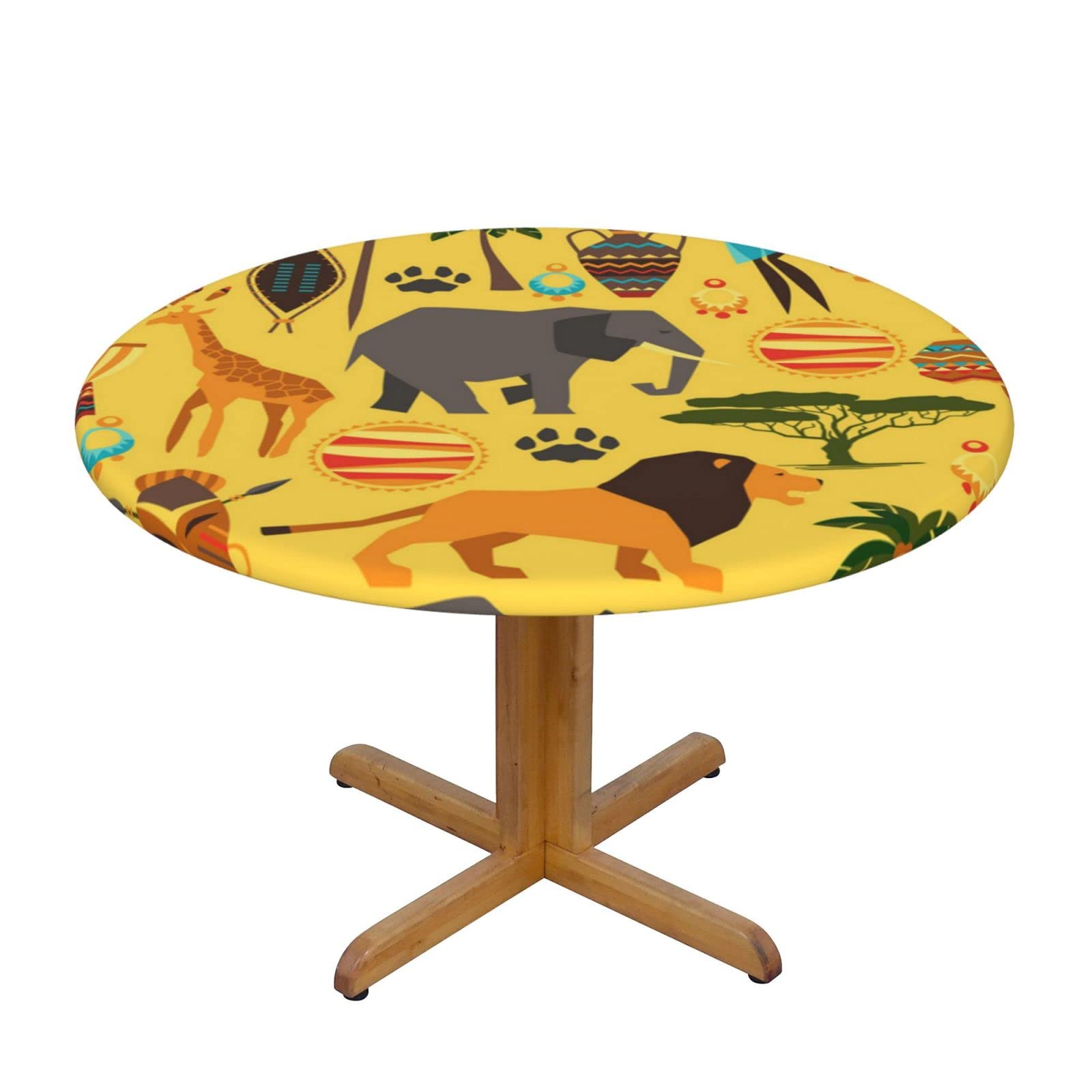 Lsjuee Round Fitted Tablecloth 45-50in Elastic Edged Table Cloth for Kitchen Dining Party Home Decor - African Grassland Animal Wild Tribe