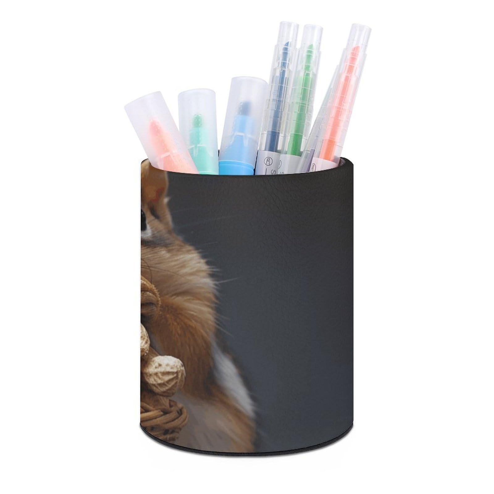 DWVTSLH Aesthetic Pen Holder for Desk - Modern Leather Pencil Holder - Stylish Round Makeup Brush Holder - Squirrel And Peanut Pen Cup Cute And Functional Desk Organizer for Office Supplies
