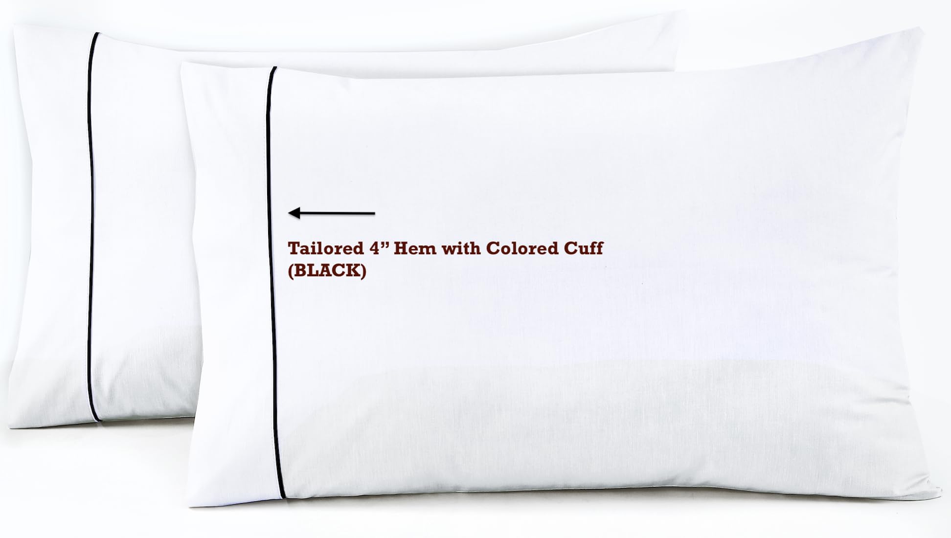 Fundas de almohada 100 % de percal de algodón, paquete de 6 fundas de almohada, fundas de almohada suaves y transpirables, tela ligera, tejido suave y aireado, para ella o él (blanco con puño negro,