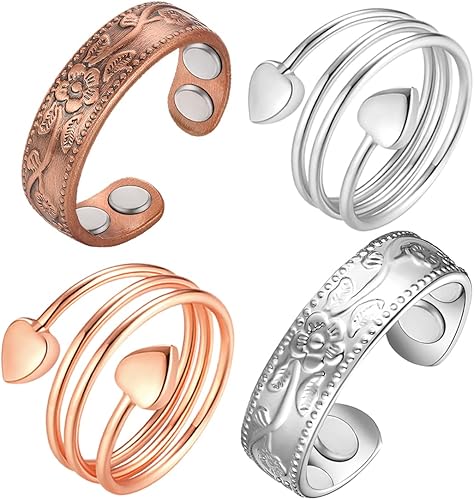 4 anillos de cobre para mujer, anillos magnéticos, imanes fuertes, cobre puro, ajustables