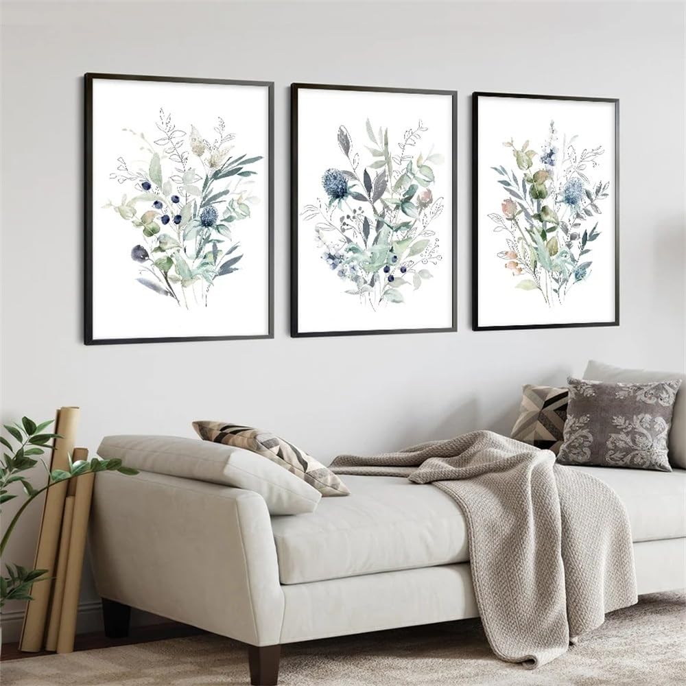 WUHBCZ Art Pictures-Modern Blue Flowers Abstract Watercolor Posters Wildflower Canvas Painting Printable Wall Art Pictures for Living Kitchen Room Decoration-40 * 60cm/3PCS (No Frame)