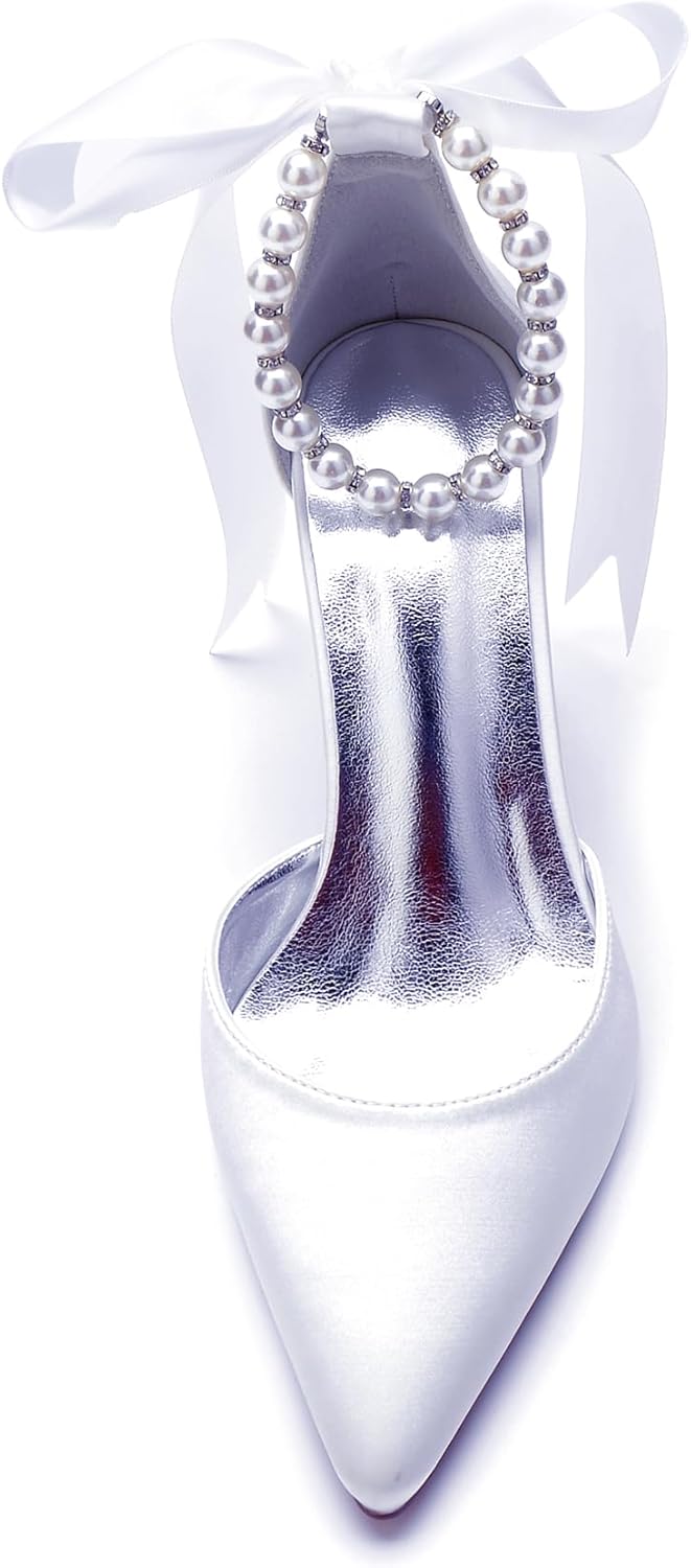 Women's Pearl White Wedding Shoes for Bride High Heels Pointed Toe Bridal Shoes Satin Block Heels Prom Party Dress Pumps Sandals - Image 3