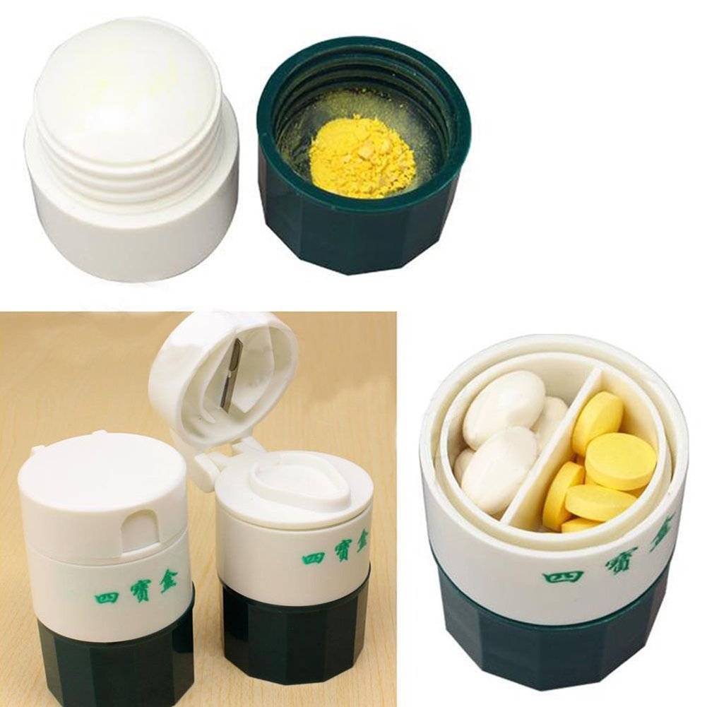Pill Box Premium Practical Pill Tablet Medicine Cutter Grinder Crusher Storage Organizer Box Case - White Army Green