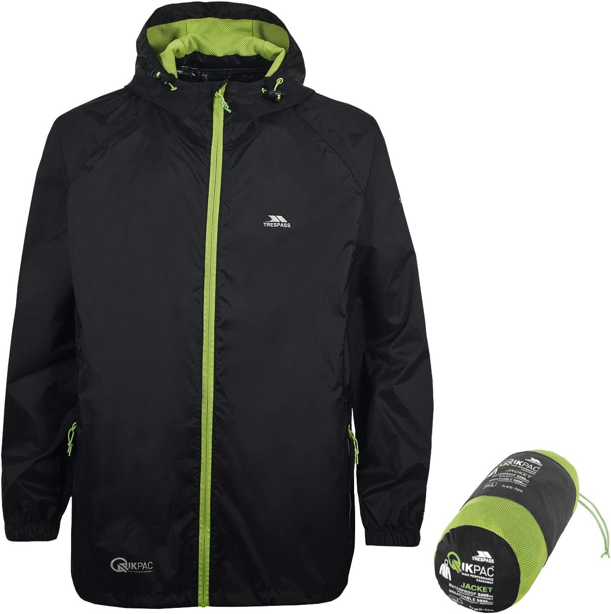 Adults Waterproof Jacket Qikpac - Lightweight Packaway Raincoat, 2 Zip Pockets, Full Body Front Zip, Adjustable Hood, Storm Flap, Ventilated Back, Foldable Packs in Pouch