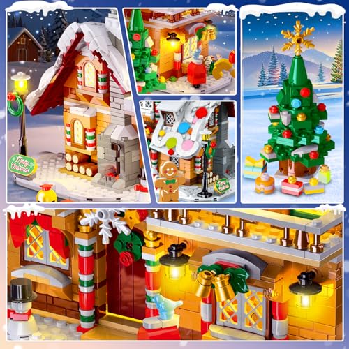 2025 Weihnachts Lebkuchenhaus Bausatz mit Licht – 3 Stilmodi Weihnachtsdorf Bausteine mit Weihnachtsmann Weihnachtsbaum Zug –Weihnachts Klemmbausteine für Erwachsene Kinder Jahren 8+（1421Stück）