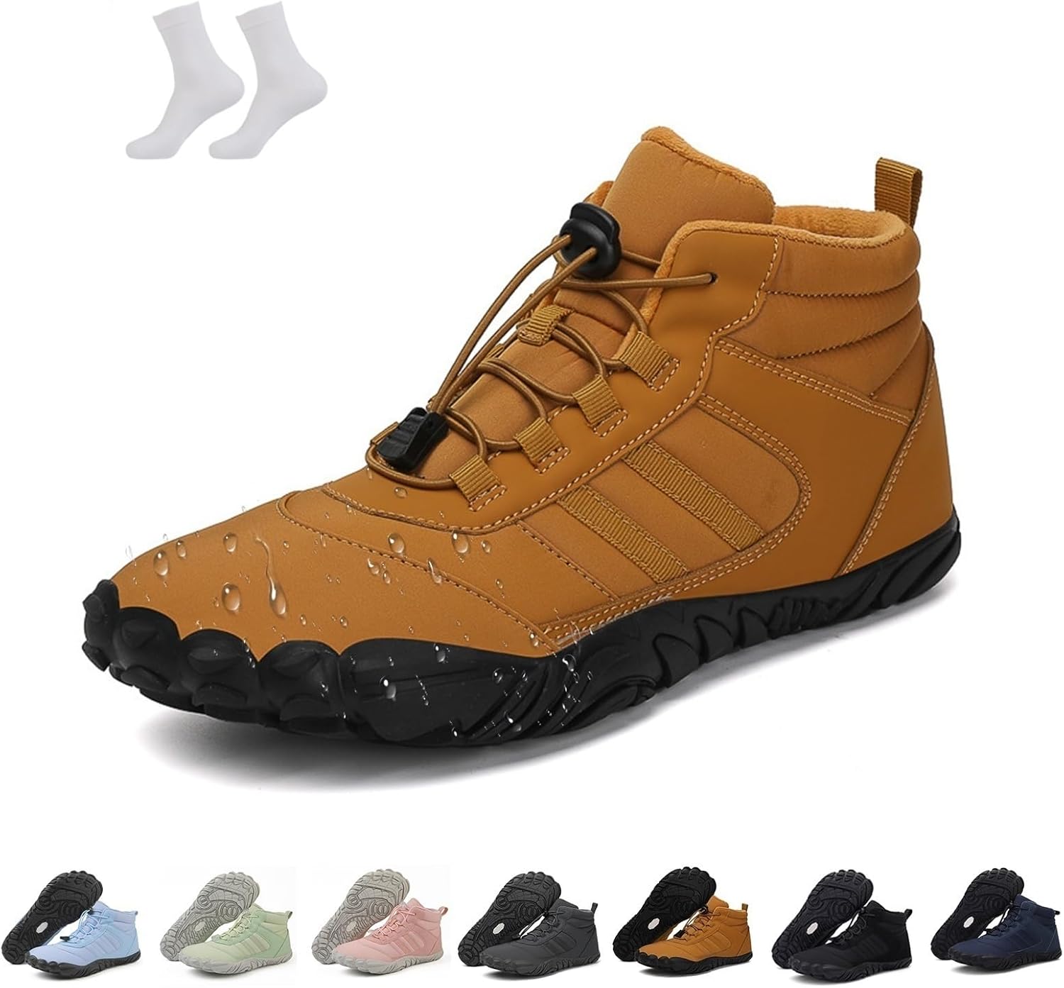 Winter Non-Slip & Waterproof Barefoot Shoes, Men Women Hike Winter Barefoot Boots, Comfortable Lightweight Wide Toe Box Warm Thickened Hiking Shoes(Brown,15 Women/13 Men)