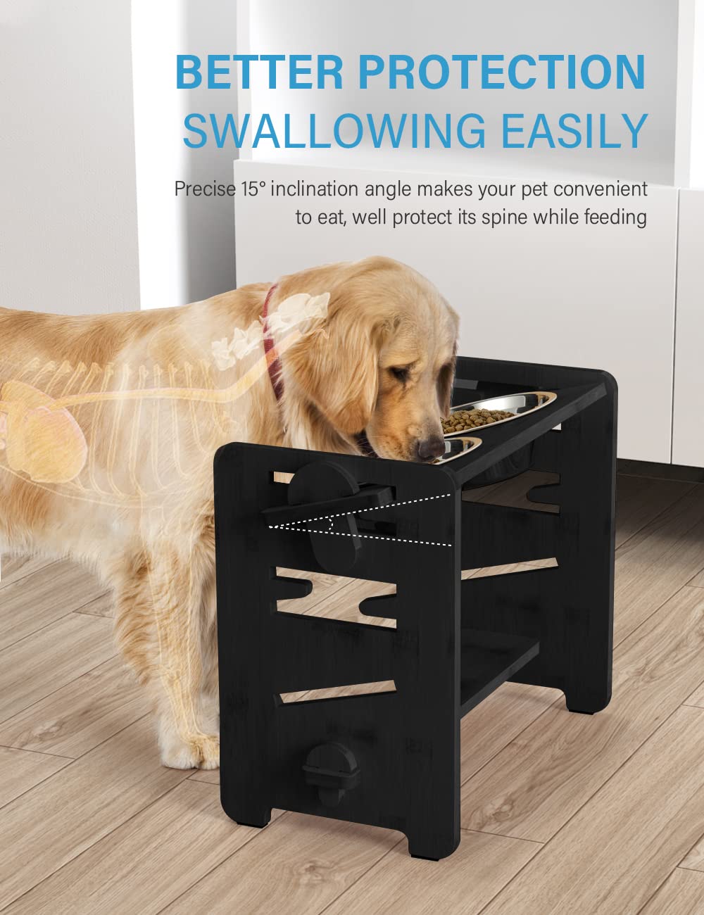 Vantic Elevated Dog Bowls - Adjustable Raised Dog Bowls for Medium and Large Dogs, Durable Bamboo Dog Food Bowl Stand with 2 Stainless Steel Bowls and Non-Slip Feet