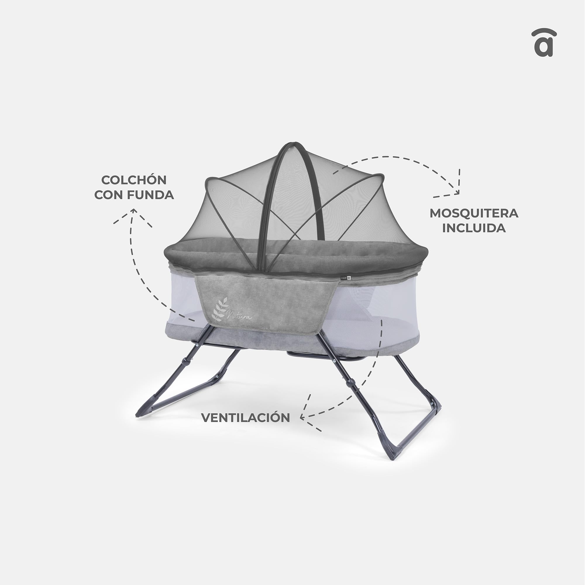 Asalvo Minicuna Plegable Trip Natura. Cuna Portátil para Bebé con Laterales Ventilados 10kg MAX. Incluye Mosquitera y Colchón Desenfundable. Fácil de Montar y Transportar. Diseño Elegante. Gris