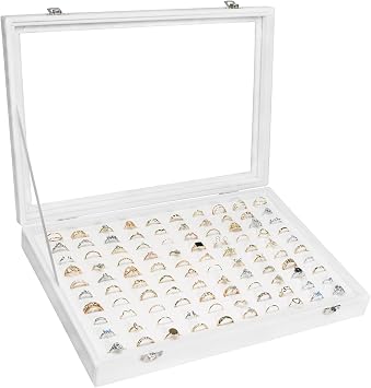 Siveit Velvet Ring Display Tray Organizer Box with Transparent Lid, 100 Slot Ring Holder Showcase For Store Display Jewelry Show Home, Ring Organizer For Rings Earrings (Ivory)