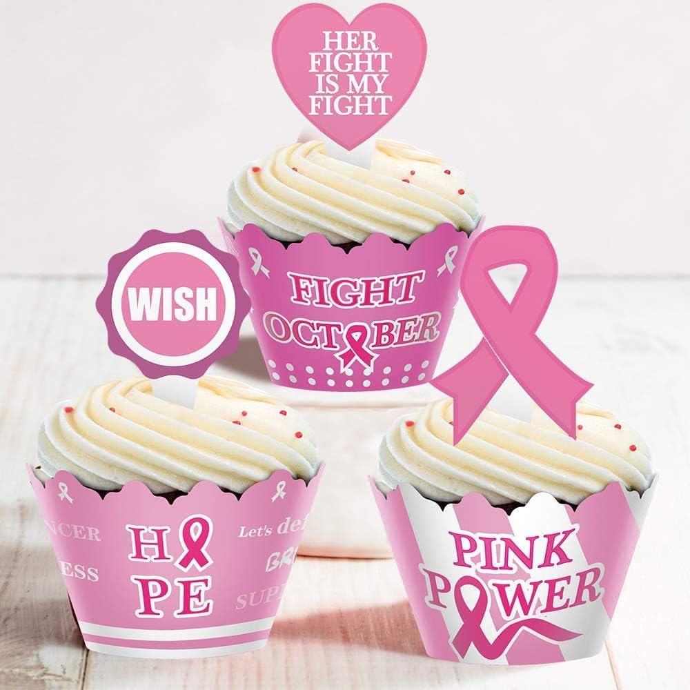 Omgouue 96pcs Breast Cancer Awareness Cupcake Topper Wrapper Party Supplies Pink Ribbon Win