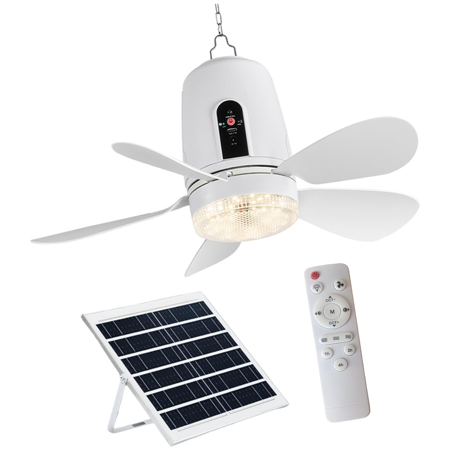 Solars - Ventilatore da soffitto con luce LED con pannello solare e telecomandi, ventilatore portatile da 41,5 cm, da campeggio, con pannello