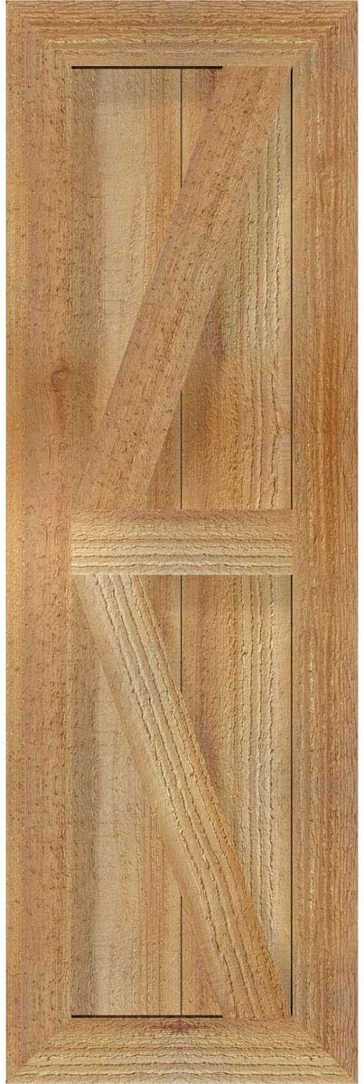Ekena Millwork RBF06Z11X033RWR TimberCraft Two 5 3/8" Boards Framed Board-n-Batten w/Z-Bar, Rustic Wood Shutters (Per Pair), 10 3/4"W x 33"H, Rough Sawn Western Red Cedar