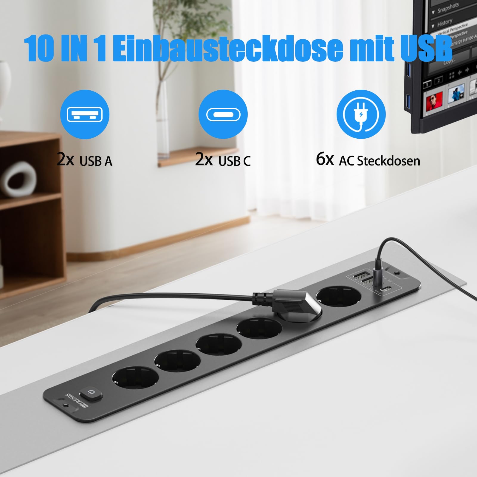 Presa da incasso con USB, 6 prese da tavolo con 4 USB, 10 N, 1 tavolo, con cavo di prolunga da 2 m, con interruttore, ciabatta da incasso per ufficio, casa (nero)