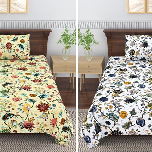 Image of Mafatlal 144 TC Saanjh Pure Cotton Single Bedsheet Set of 2 (90 x 60 Inches) with Pillow Covers | Wrinkle Resistant & Comfortable | Yellow N White