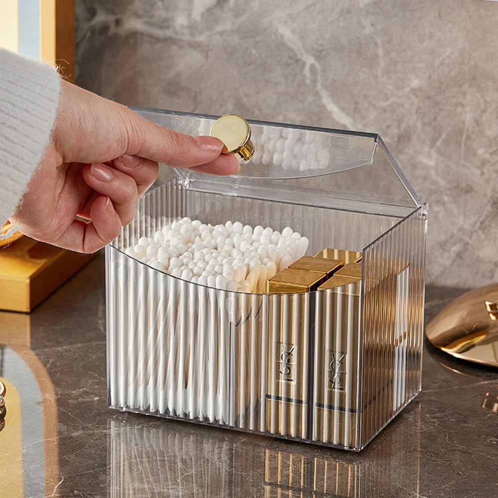 Boîte De Rangement Transparente Avec Couvercle Bois Pour Cotons, Maquillage | 3 Compartiments - Parfait Salle De Bain, Coiffeuse